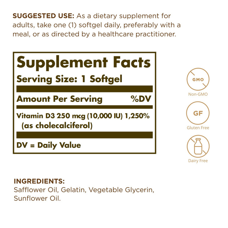 Solgar - Vitamin D3 (Cholecalciferol) 10,000 IU Softgels, 120 Count (3 Pack)