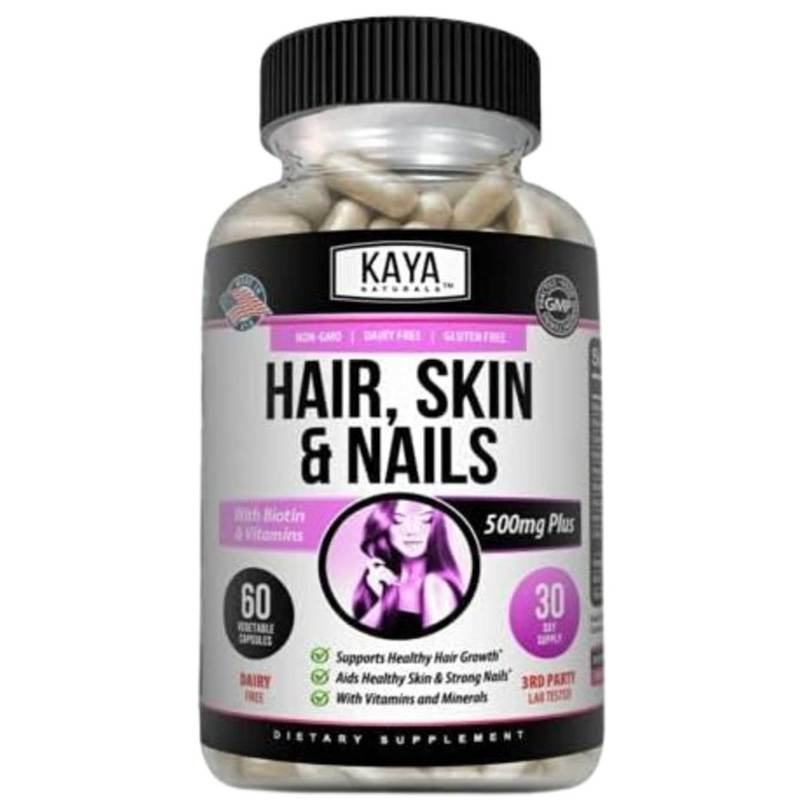 Kaya Naturals Hair Skin Nail Capsules BIOTIN Vitamin D Vitamin B-12 A Folic Acid