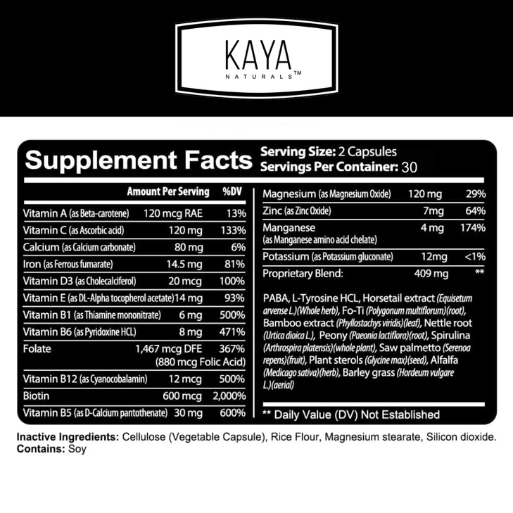 Kaya Naturals Hair Skin Nail Capsules BIOTIN Vitamin D Vitamin B-12 A Folic Acid