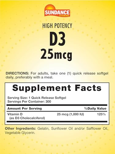 Sundance Vitamin D3 1000 IU - 300 Softgels - High Potency