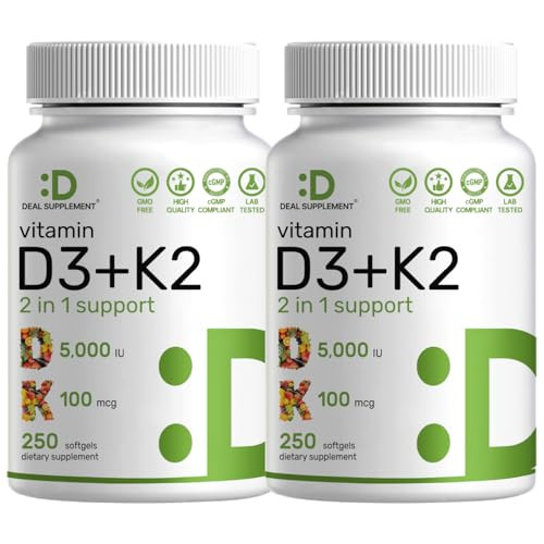 DEAL SUPPLEMENT 2 Pack Vitamin D3 5,000 IU + K2 MK7 Softgels, 500 Count