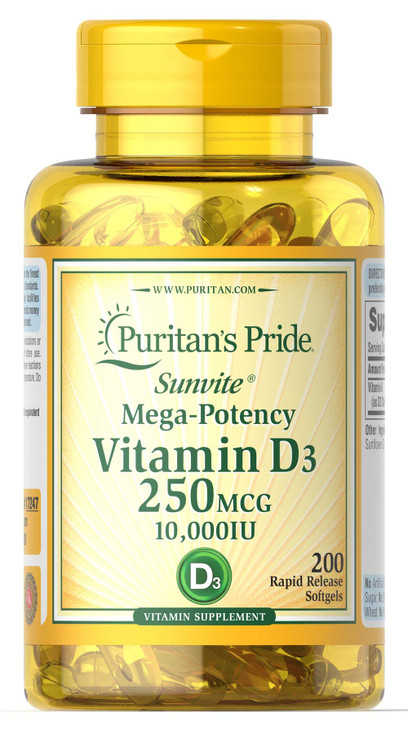 Puritan's Pride Vitamin D3 250 mcg (10,000 IU) Softgels, 200 Count