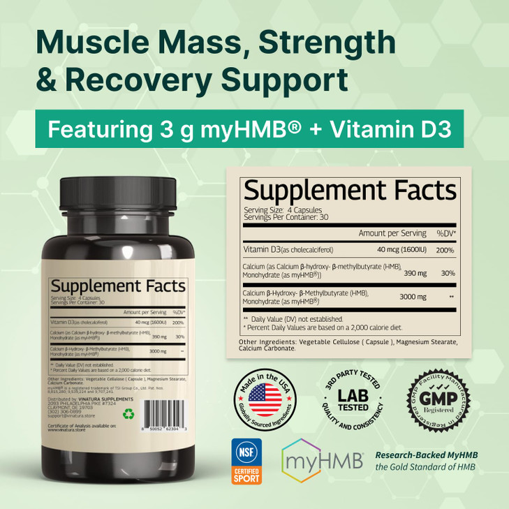 VINATURA HMB 3000mg and Vitamin D3 Supplement Capsules per Serving *USA Made &