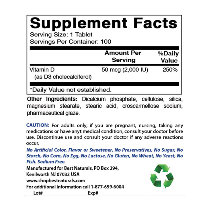 Best Naturals Vitamin D3 2000 IU (50 mcg) - 100 Tablets