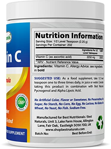 Best Naturals 100% Pure Vitamin C Powder Non-GMO 1 lb (454 Grams) Powder (Also