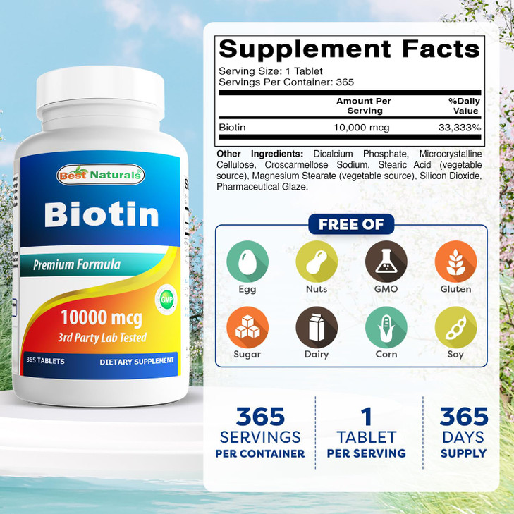 Best Naturals Biotin (Also Called Vitamin B7), 10,000 mcg Tablets (365 Count