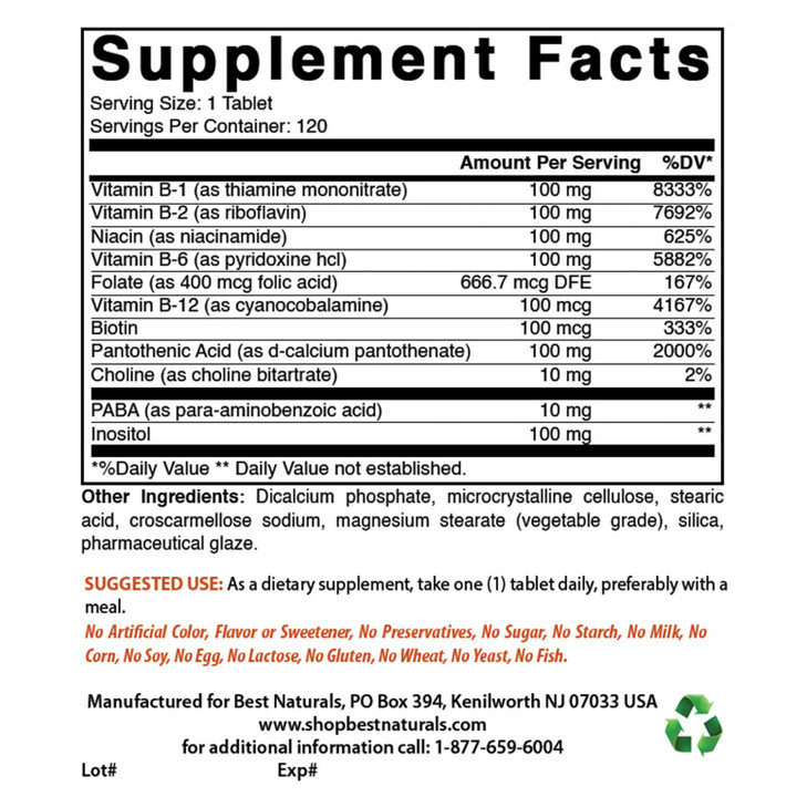 Best Naturals B 100 Complex 120 Tablets (B Complex Vitamins) (120 Count (Pack