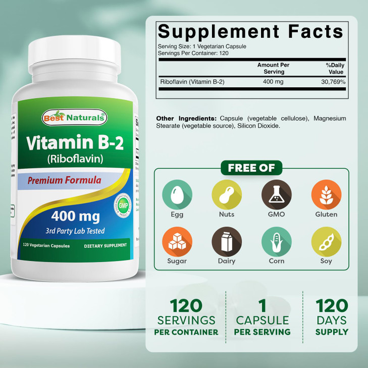 Best Naturals Vitamin B2 (Riboflavin) 400mg - Migraine Relief