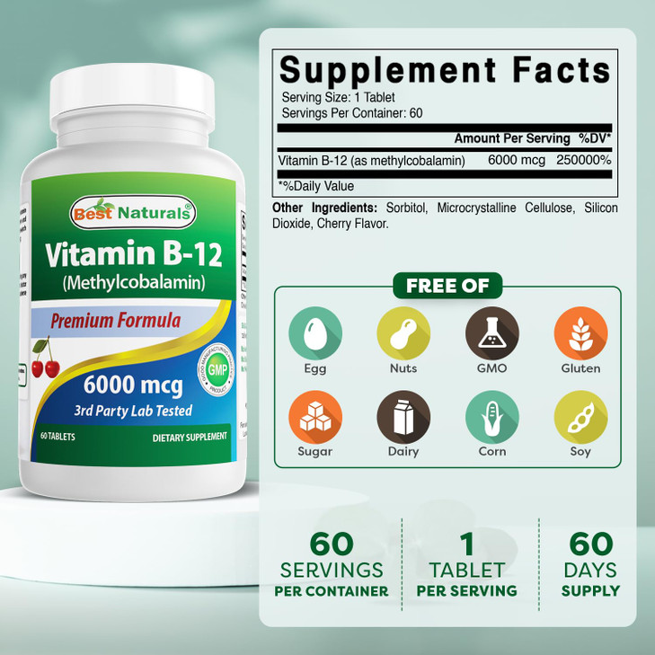 Best Naturals Vitamin B-12 as Methylcobalamin (Methyl B12), 6000 mcg Tablet, 60