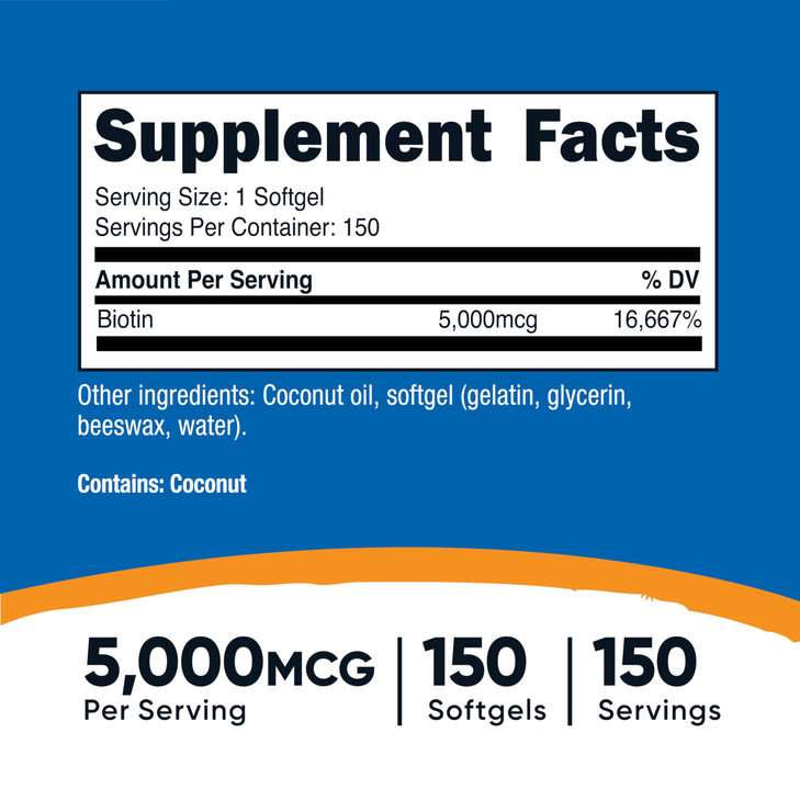 Nutricost Biotin (5,000mcg) 150 Softgels - Vitamin B7 - Gluten Free, Non-GMO