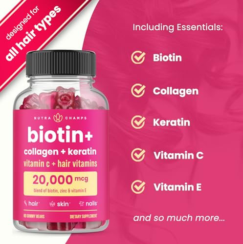 NutraChamps Hair Skin & Nails Gummies, Biotin with Collagen & Keratin, 5000mcg