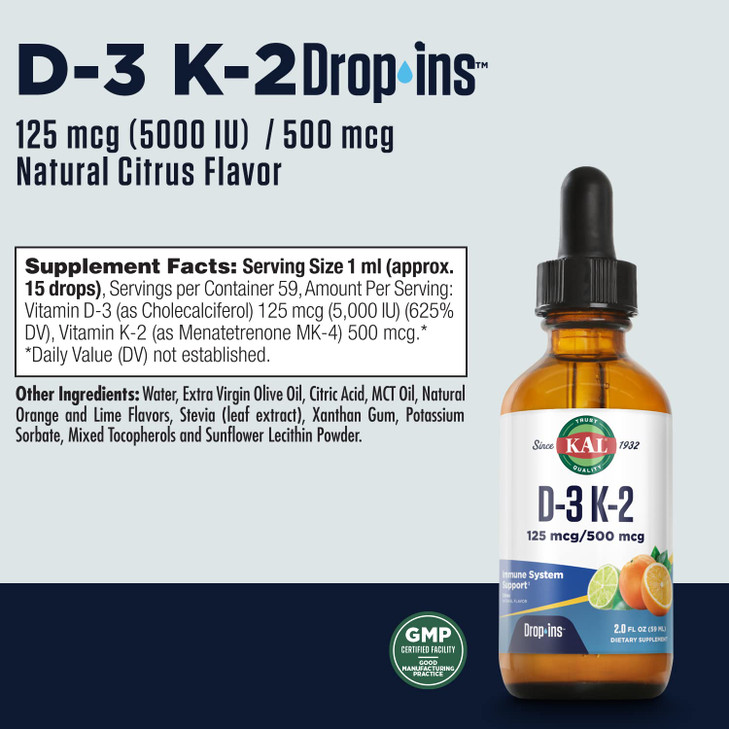 KAL D3 K2 DropIns 125 mcg / 500 mcg Liquid Vitamin D3 K2 Drops, Bone Health