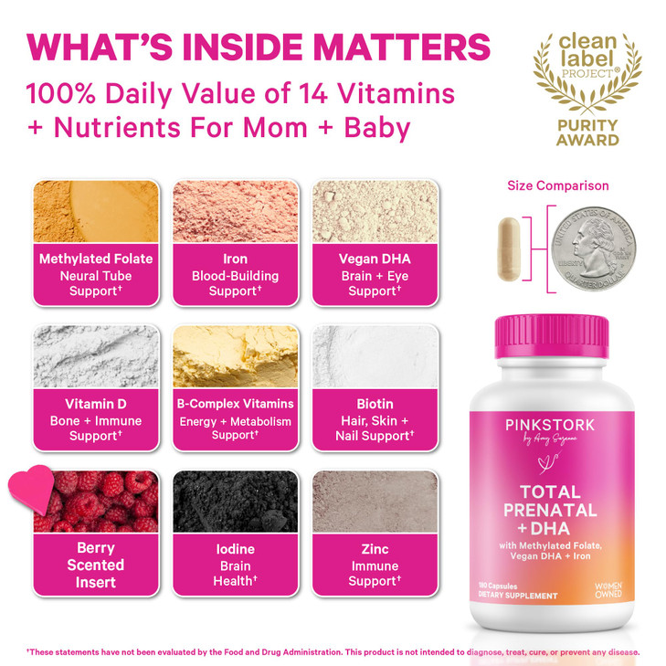Pink Stork Total Prenatal Vitamins with DHA, Folate, and Iron, 3 Month Supply