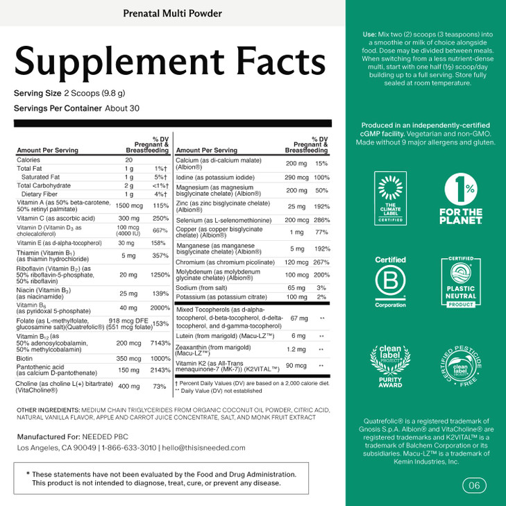 Needed. Vanilla Multivitamin Powder with Choline for Prenatal, Pregnancy