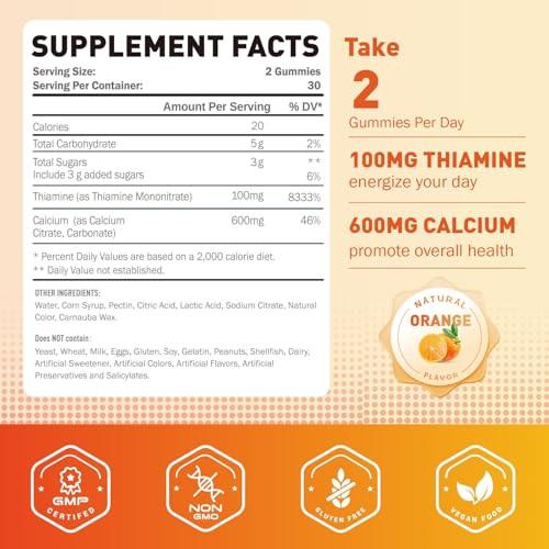 Joywiit Vitamin B1 Gummies 100mg for Adults & Kids, Thiamine B1 Supplement