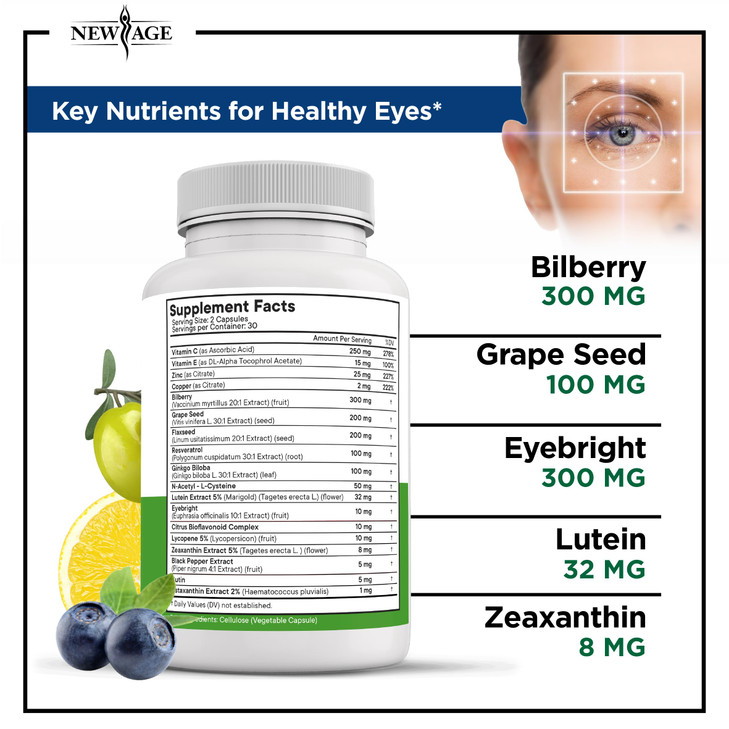 NEW AGE AREDS 2 Eye Vitamin Contains Bilberry 6000mg Lutein (32mg), Grape seed