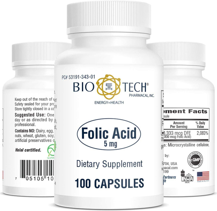 Folic Acid 5mg - BioTech Pharmacal - 100 Capsules - Pack of 2