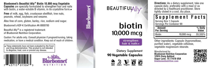 Bluebonnet Nutrition Beautiful Ally Biotin 10,000 mcg, Strengthen Hair & Nails*