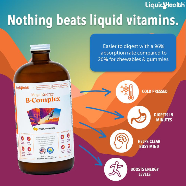 LIQUIDHEALTH Mega Energy Methylated B-Complex, Adult Liquid Vitamin Supplement