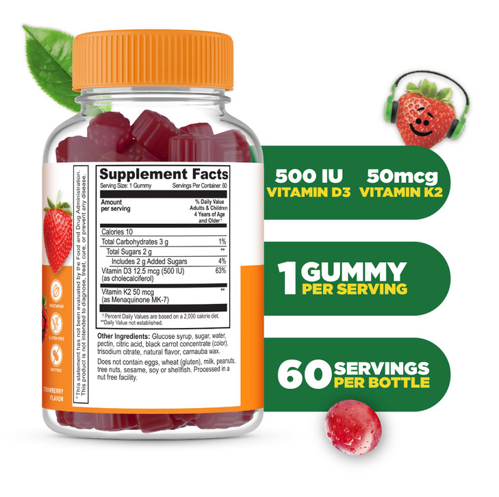 Lifeable Kids Vitamin D3 K2 Gummies - 500iu D3 and K2 100mcg