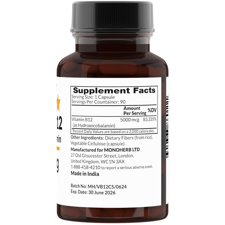 MONOHERB Hydroxo B12 Vitamin 5000mcg, Hydroxocobalamin, Hydroxy B12