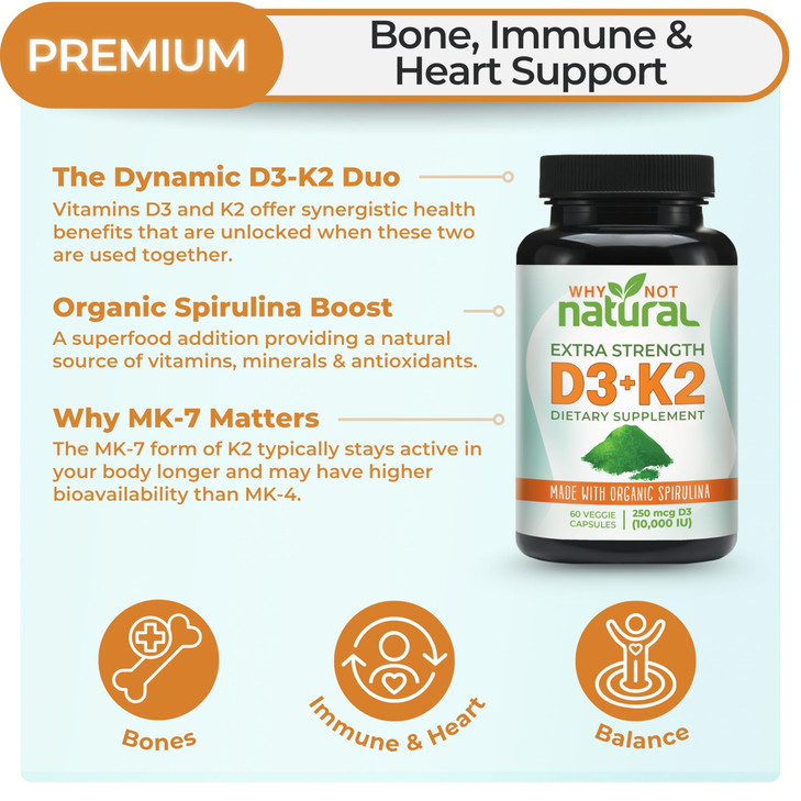 Why Not Natural Vitamin D3 K2 (MK-7) with Organic Spirulina, 10000 IU Extra