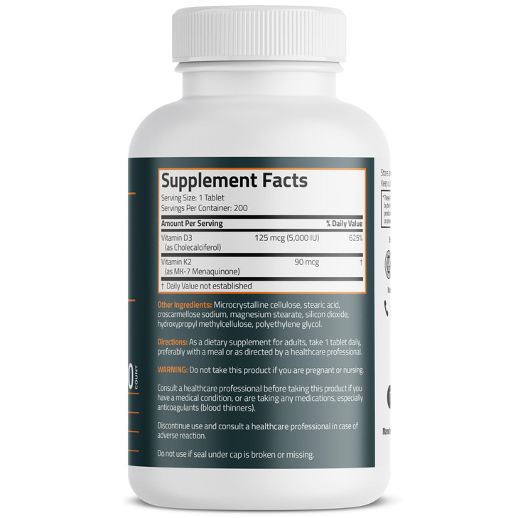 Bronson Vitamin K2 D3 (MK7) Supplement Non-GMO Formula Vitamin D3 5000IU (125