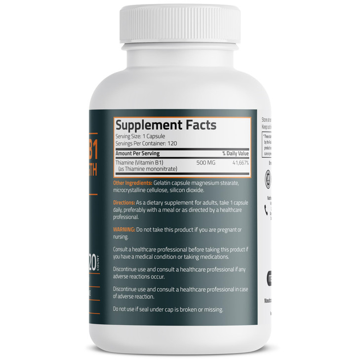 Bronson Vitamin B1 Extra Strength 500 MG High Potency Non-GMO, 120 Capsules