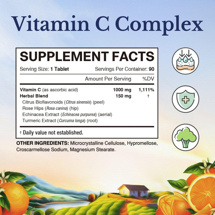 Vitalitown Vitamin C Complex 1000mg with Rose HIPS, Bioflavonoids, Turmeric &