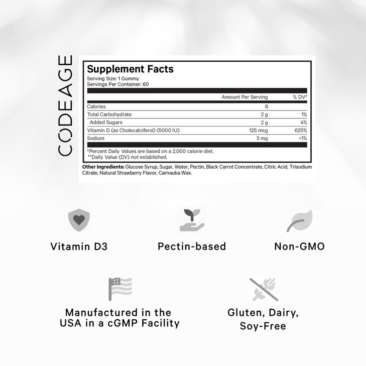 Codeage Vitamin D3 Gummy Vitamins, Vitamin D3 5000 IU Gummies Cholecalciferol