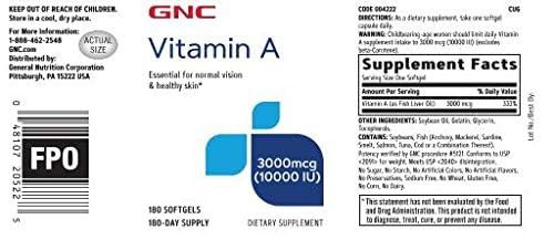 GNC Vitamin A 3000mcg Supplement, Supports Normal Vision and Healthy Skin, 180