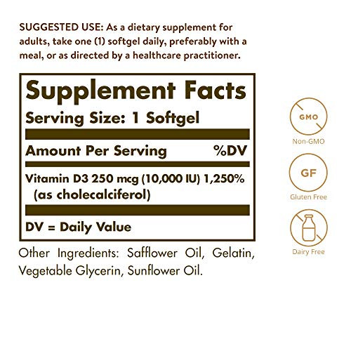 Solgar Vitamin D3 Cholecalciferol 250 MCG 10000 IU Softgels Helps Maintain