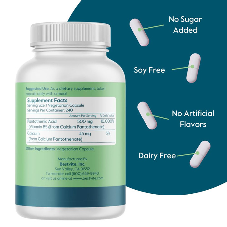 BESTVITE Pantothenic Acid 500mg (Vitamin B5)(240 Vegetarian Capsules)