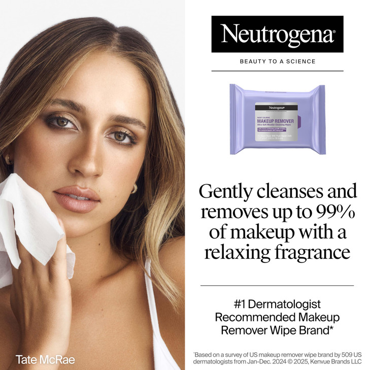 Neutrogena Makeup Remover Night Calming Cleansing Towelettes, Disposable Nighttime Face Wipes to Remove Dirt, Oil & Makeup, 25 ct