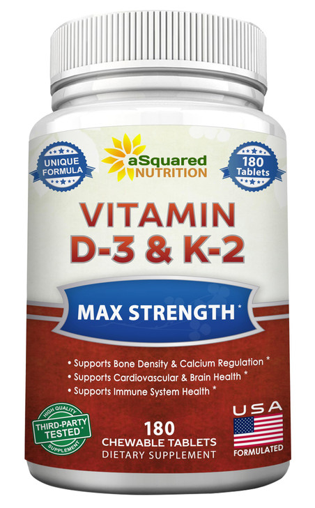 aSquared Nutrition Vitamin D3 with K2 Supplement-180 Chewable Tablets, Max
