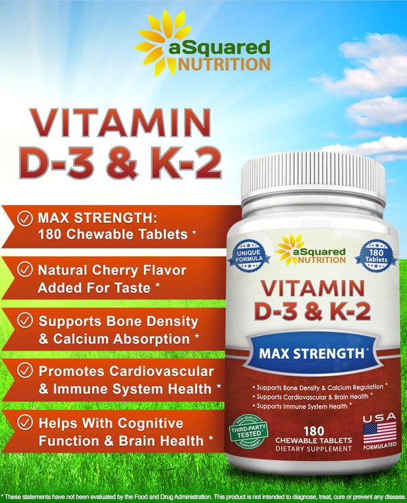 aSquared Nutrition Vitamin D3 with K2 Supplement-180 Chewable Tablets, Max
