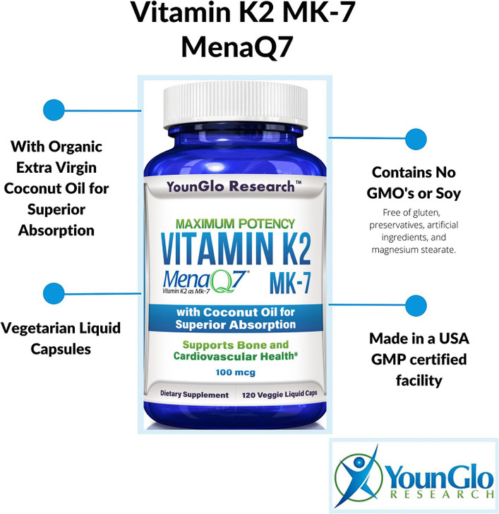 YounGlo Research Vitamin K2 MK7 (MenaQ7) 100 mcg w/Coconut Oil for Superior