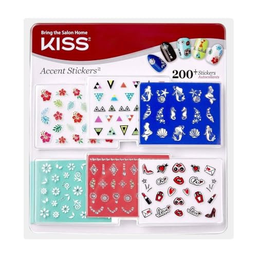 KISS Nail Artist 3-D Accent Stickers Variety Pack, 200+ Nail Decals, Nail Charms for Acrylic Nails, 6 Nail Sticker Sheets Including Floral, Aquatic,