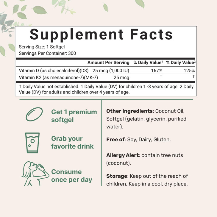 Micro Ingredients Vitamin D3 1,000 IU + K2 MK-7 25 mcg, 300 Softgels