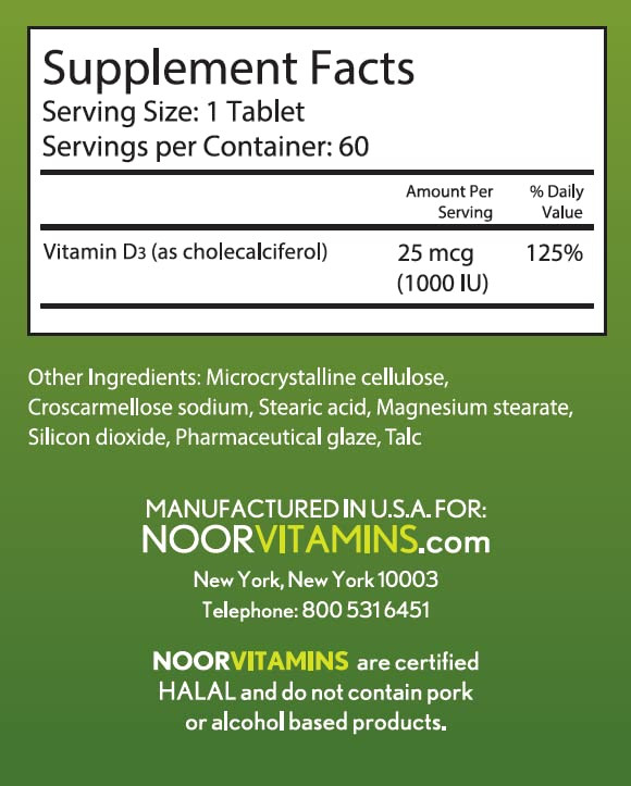 Noor Vitamins Halal Vitamin D, Halal Vitamin D3, 1000 IU Tablets, Supports Bone