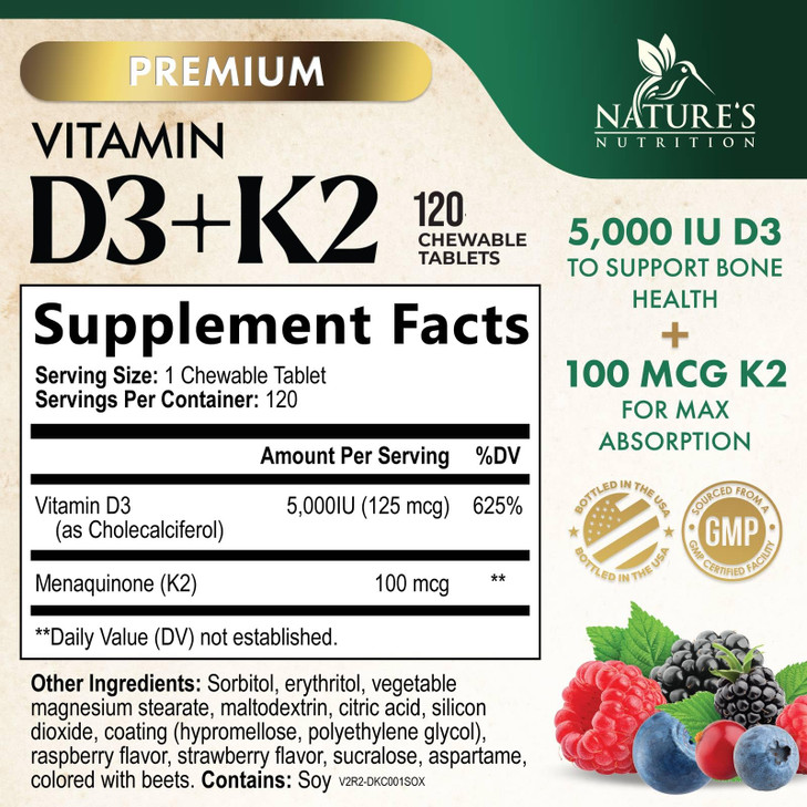Vitamin D3 K2 Supplement - 5000 IU D3 + K2 100 mcg