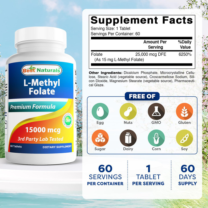 Best Naturals Methyl Folate 15000 mcg (15mg) (Most Bio-Available) 60 Tablets