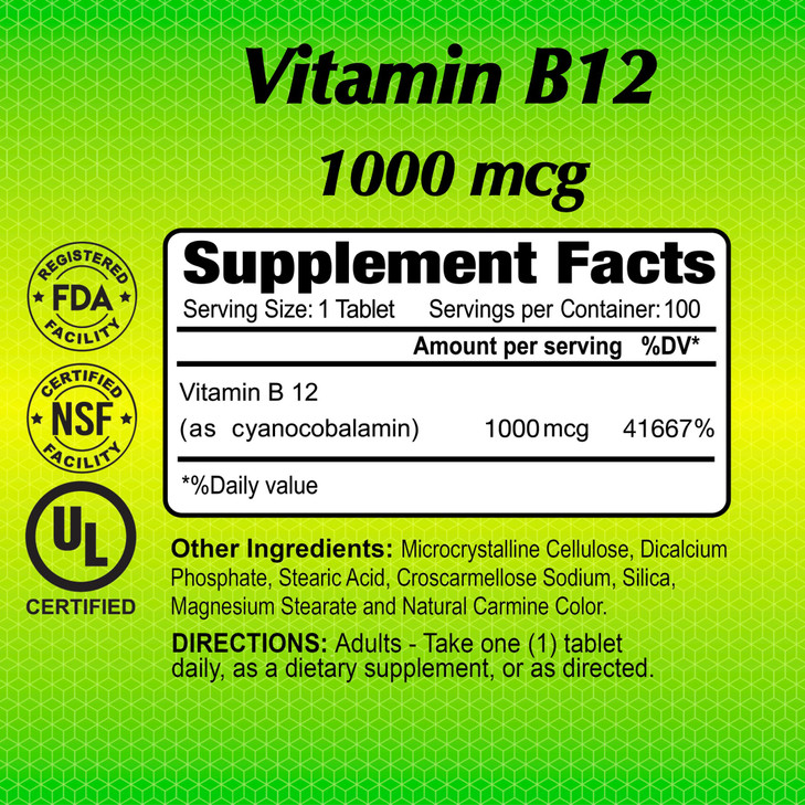 ALFA VITAMINS Vitamin B12 1000 Mcg 100 Tablets. Immune System. Nerves and Brain