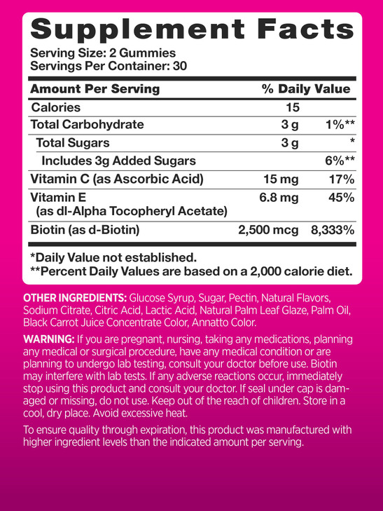 PINK Biotin Gummies for Women - 60 Count - Vitamin for Hair, Skin and Nails