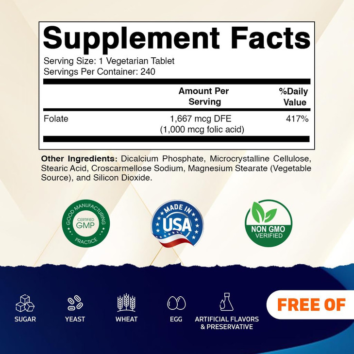 Vitamatic Folic Acid 1000 mcg (1 mg) - Vegetarian Tablets