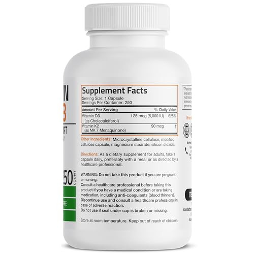 Bronson Vitamin K2 (MK7) with D3 Supplement Non-GMO Formula 5000 IU Vitamin D3 &