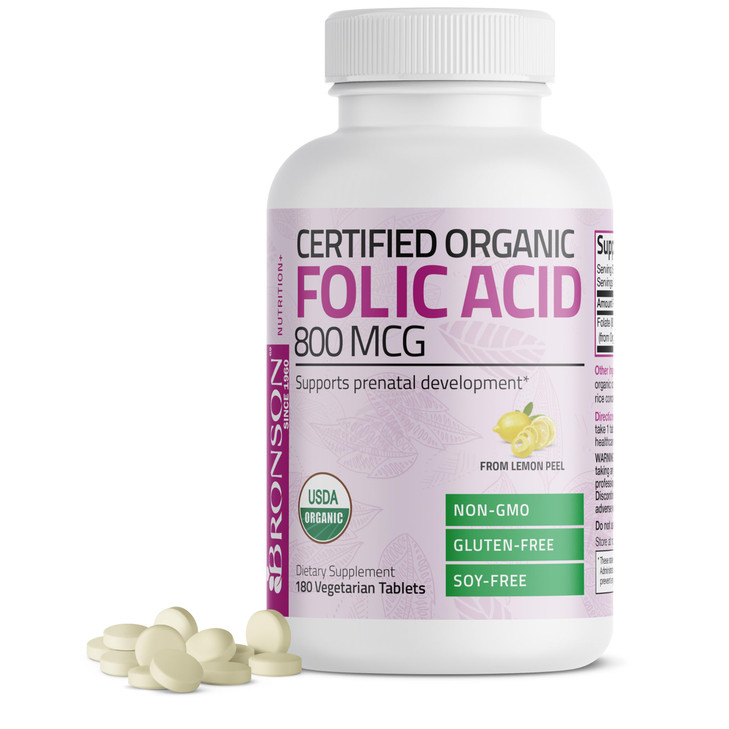 Bronson Organic Folic Acid (Vitamin B9 Folate) 800 mcg Folate from Lemon Peel
