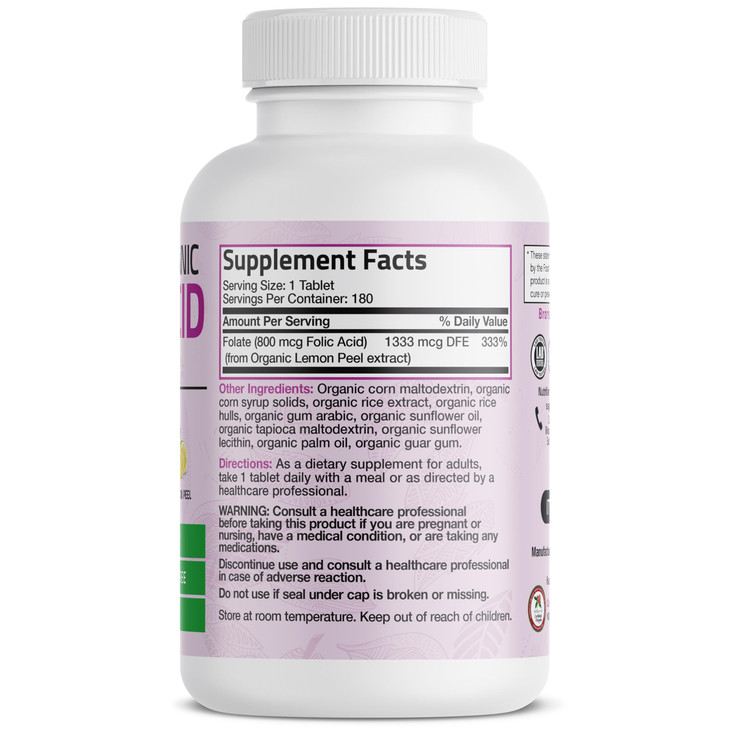 Bronson Organic Folic Acid (Vitamin B9 Folate) 800 mcg Folate from Lemon Peel