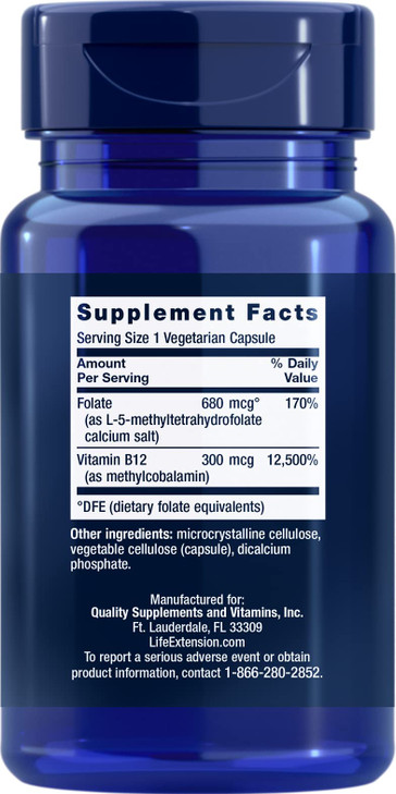 Life Extension BioActive Folate & Vitamin B12, 150 Vegetarian Capsules