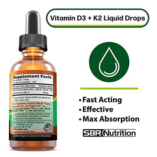SBR Nutrition MAX Absorption, Vitamin D3 + K2 (MK-7) Liquid Drops with MCT Oil